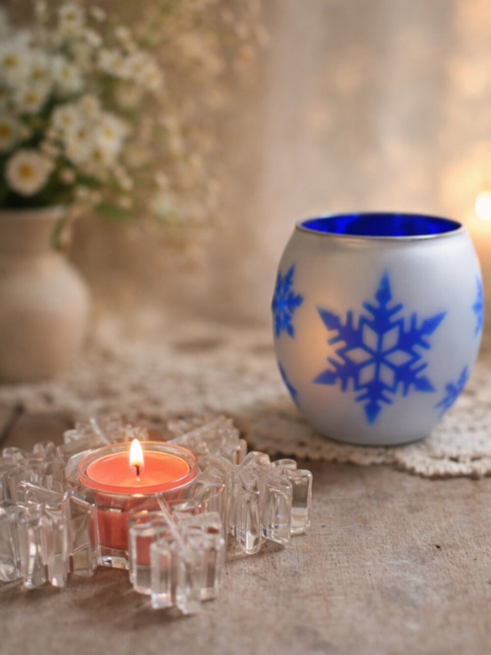 PartyLite Snowflake Tealight Holders 2pc Cottagecore Scandinavian Cobalt Blue - Picture 1 of 7